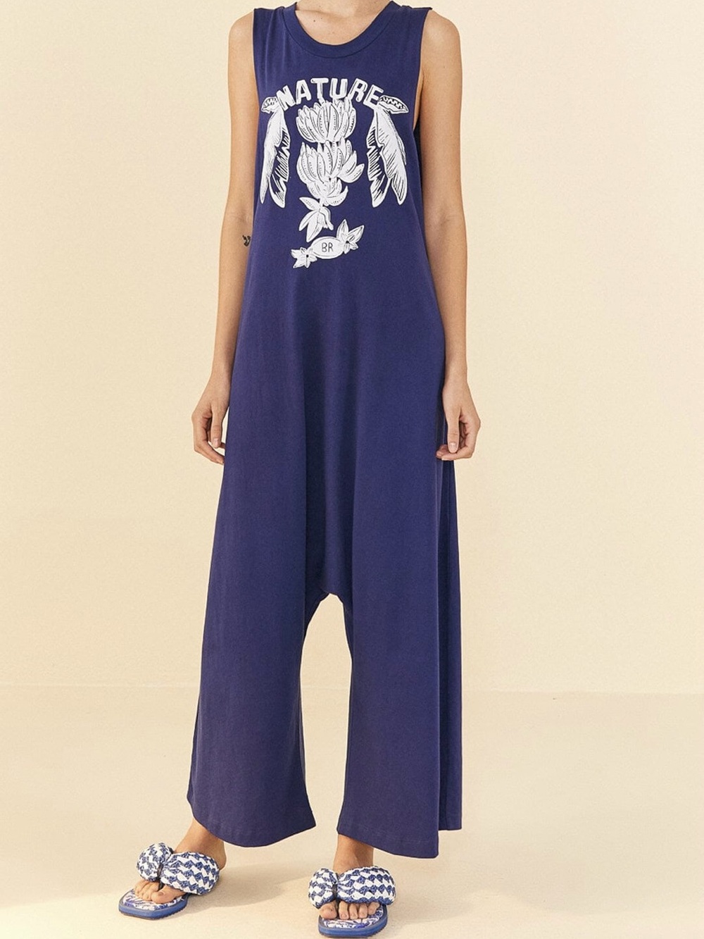Farm Rio Nature Jumpsuit 100% Cotton Sleeveless Wide Leg Relaxed Navy Blue Sz XL